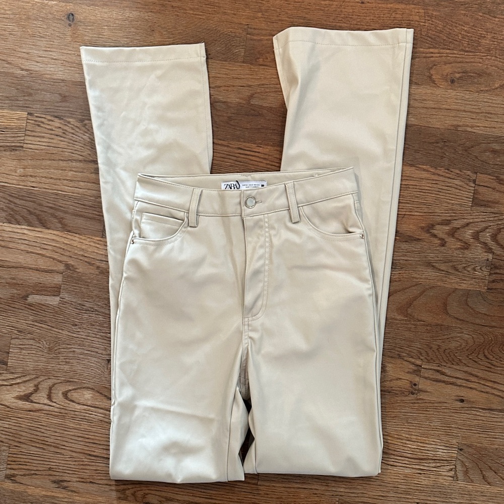 Cream Straight-Leg Faux Leather Pants Sz 2